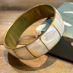 Vintage Brass Mother of Pearl Bangle Cream Statement Bracelet 2.75"